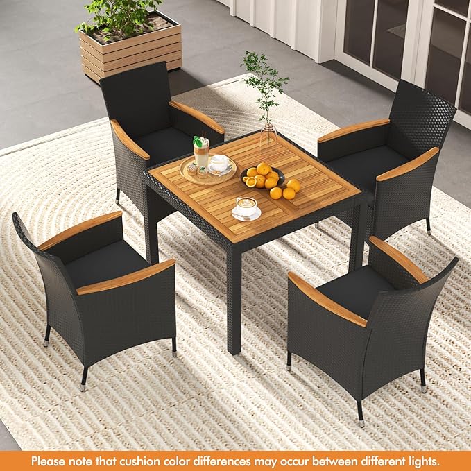 Tangkula 5 Pieces Rattan Outdoor Dining Set for 4, Outdoor Acacia Wood Table Set with 4 Cushioned Wicker Chairs, Umbrella Hole, Patio Dining Furniture Set for Deck Pool Backyard