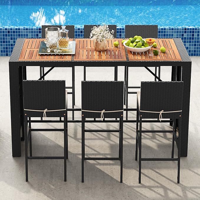 Tangkula 7 Piece Patio Wicker Bar Set, Patiojoy Outdoor Acacia Wood Bar Height Table & 6 Rattan Bar Stool Chairs with Backrest and Footrest, for Bistro Garden Balcony