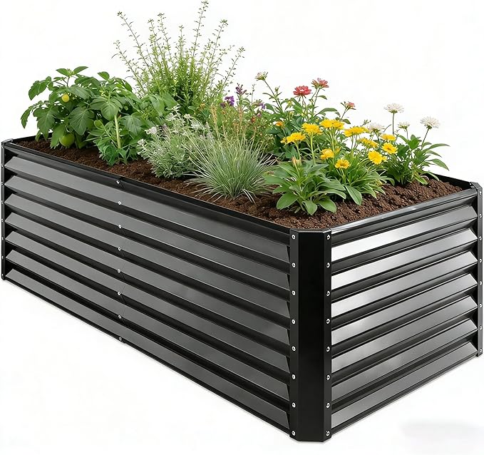 GARDMAX 6x3x1FT Raised Garden Bed Kit, Metal Planter Boxes Outdoor with Easy Assembly, Large Garden Bed for Vegetables, Fruits, Flower, Herbs Rectangle Dark Grey