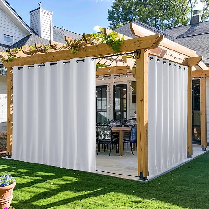 NICETOWN 2 Panels Outdoor Curtains for Patio Waterproof & Windproof, Extra Wide Grommet & Back Tab on Top & Bottom Thermal Insulated Sun Blocking Drapes with Rope for Deck, Greyish White, W100 x L108