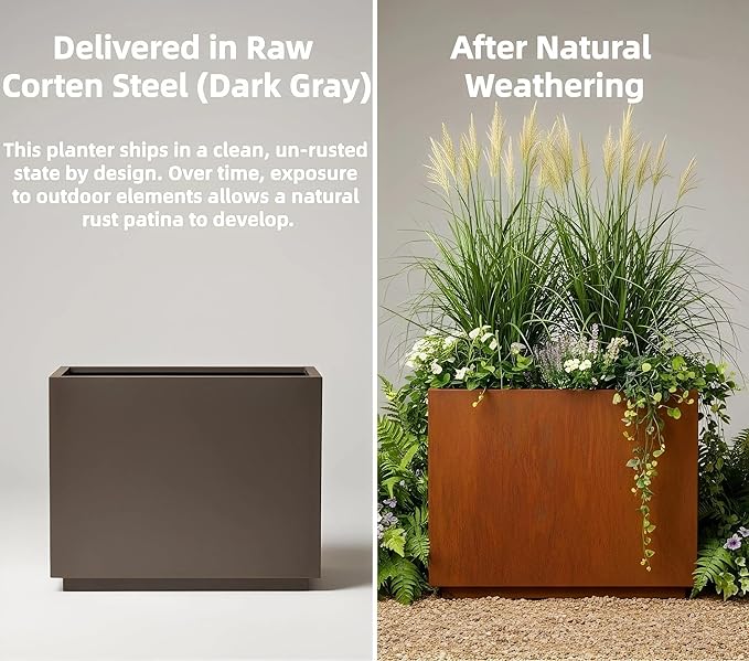 Decoroca Heavy-Duty Corten Steel Planter Box, Large Square Cube Outdoor Planter for Patio & Garden, Naturally Weathering Steel, Modern US-Designed Planters for Plants & Trees