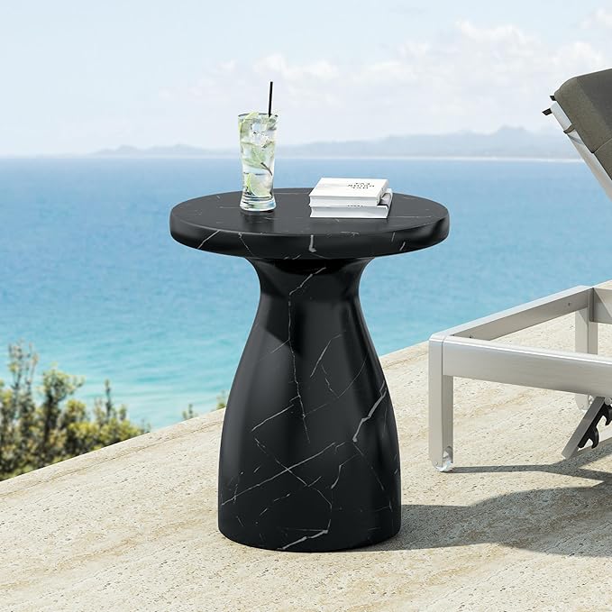 Christopher Knight Home Jayme Outdoor Side Table, Round Top Patio End Table Garden Stool, Lightweight Concrete Decorative Accent Table for Patio Balcony Beach Pool Side, Black Marble Finish