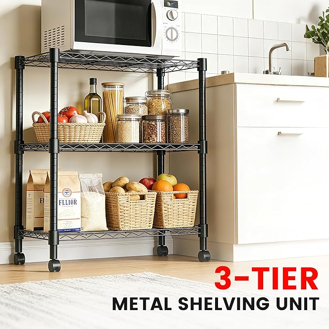 Xcity Storage Shelves, 3 Tier Heavy Duty Metal Shelving Unit with Wheels, 1050 LBS Capacity Adjustable Steel Wire Shelf Organizer for Pantry, Kitchen, Garage, 14" D x 24" W x 30" H, Black