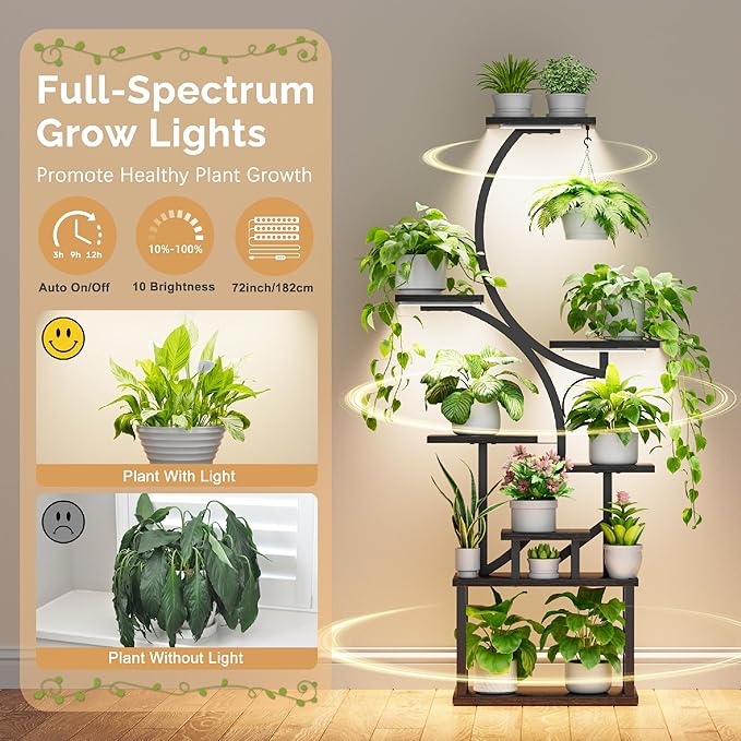 Plant Stand Indoor with Grow Lights - 62" Tall Plant Shelf, Lighted Corner Plant Stands for Indoor Growing, 8 Tiered Large Flower Holder, S-Shaped Plants Rack for Living Room, Patent Design, Black