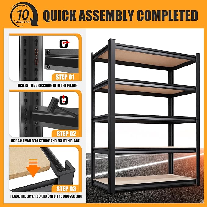 71.2"H-45.6"W Garage Shelving Heavy Duty Storage Shelves, Metal Adjustable Shelving Unit, Utility Garage Organizer Shelf for Basement, Pantry, Kitchen, Warehouse, 45.6"Wx17.7"Dx71.2"H, Black