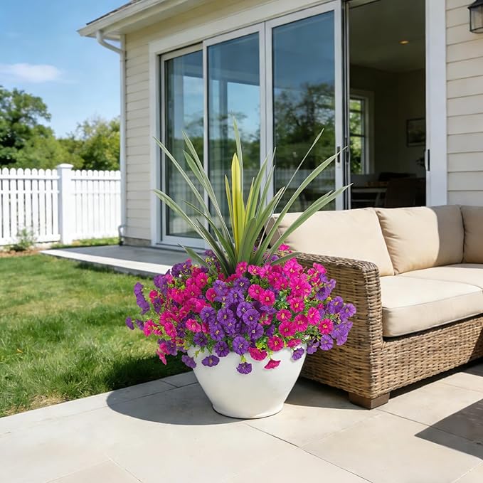 Artificial Flowers for Outdoors Fake Plants Outside, 12 Bundles Silk Morning Glory with Eucalyptus + Orchid Leaf UV Resistant Realistic Faux Flowers for Porch Planter Garden Patio (Purple Fuchsia)