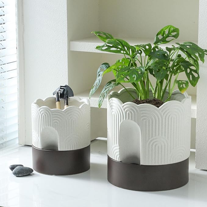 Nihow Self Watering Plant Pot Set: 6 Inch & 8 Inch Ceramic Planter with Drainage Hole & Water Storage Plus - Relief Design Self Watering Pot for Indoor Plants - Beige & Brown Flower Pot -Set of 2