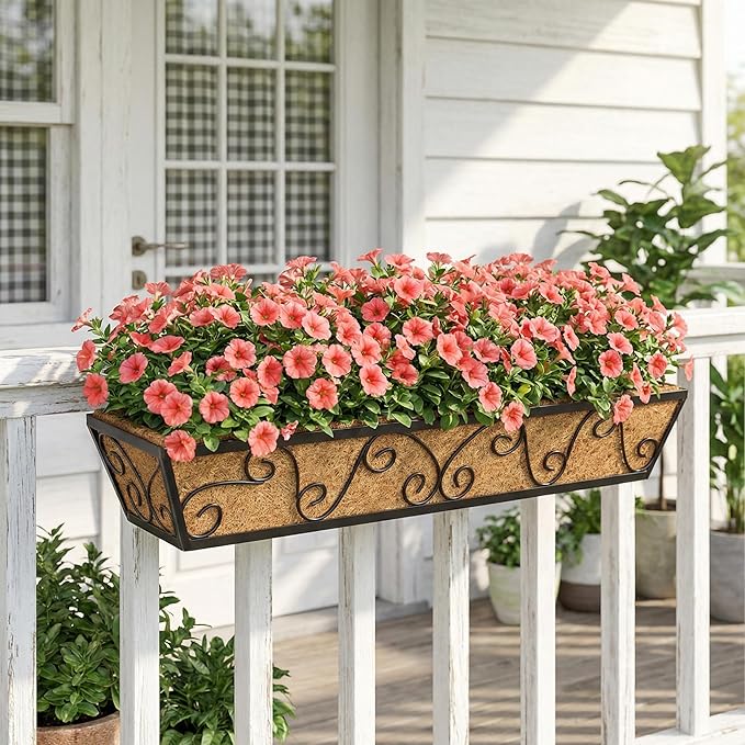 Y&M 30 Inch Butterfly Window Deck with Coco Liner, Fence Metal Hanging Flower Planter Window Basket Deck Railing Planter Boxes for Outdoor Garden Lawn 4pcs