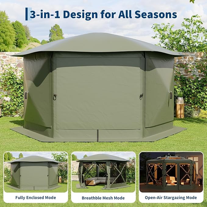 11.5x11.5FT 6-Sided Pop Up Gazebo Tent，One-Push Setup Canopy Tent with Mesh Panels & Removable Wind Cloths, Outdoor shelter for Camping, Backyard Parties, Outdoor Events - Army Green