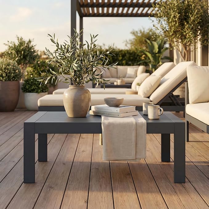Solaste Aluminum Outdoor Coffee Table, All-Weather Rectangle Metal Patio Coffee Table Furniture for Balcony, Garden, Indoor or Outdoor Use, Dark Grey