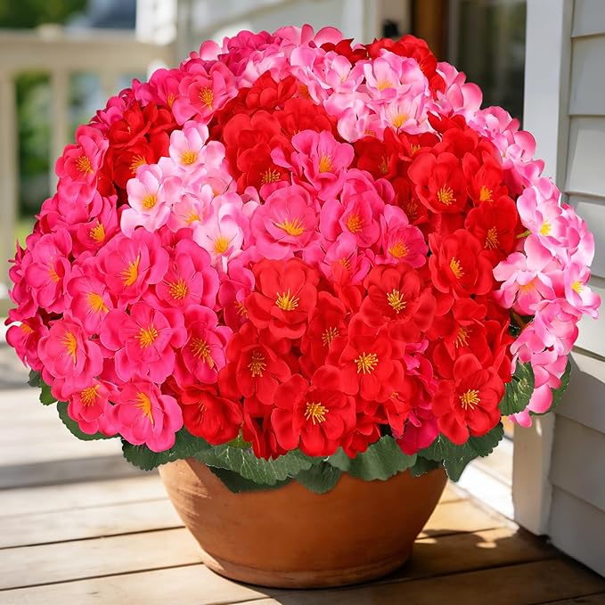 Artificial Geraniums Flowers for Outdoors, 6 Bundles Realistic Silk Fake Geranium, No Fade Faux Plants for Hanging Baskets, Window Boxes, Planters - Porch, Patio, Garden Decor(Mix Colors)