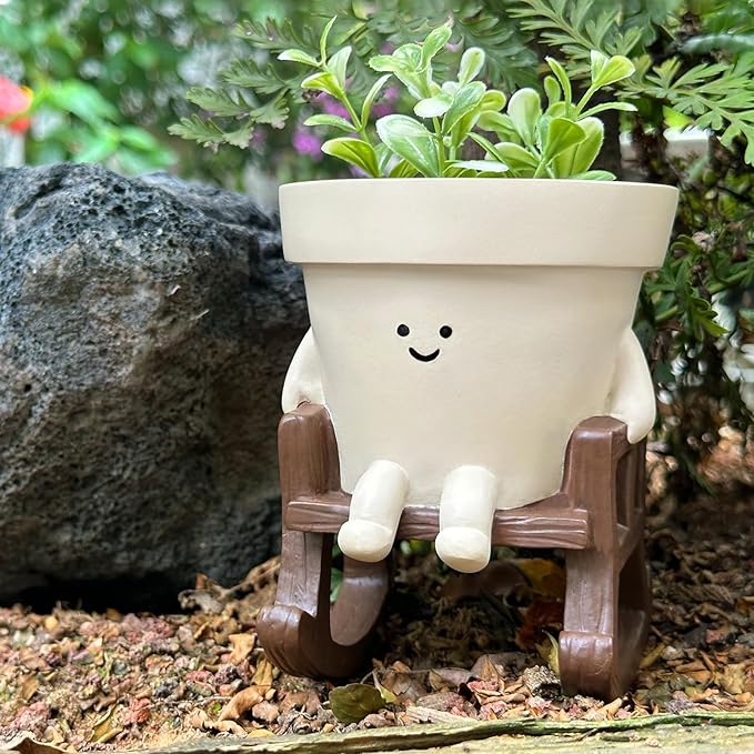 Smiley Face Planter Pot Small, Cute Resin Flower Head Planters for String of Pearls Plant Live Indoor Outdoor Unique Sit Rocking Chair Succulent Pots Gift Ideas for Family Friends with Drainage Hole