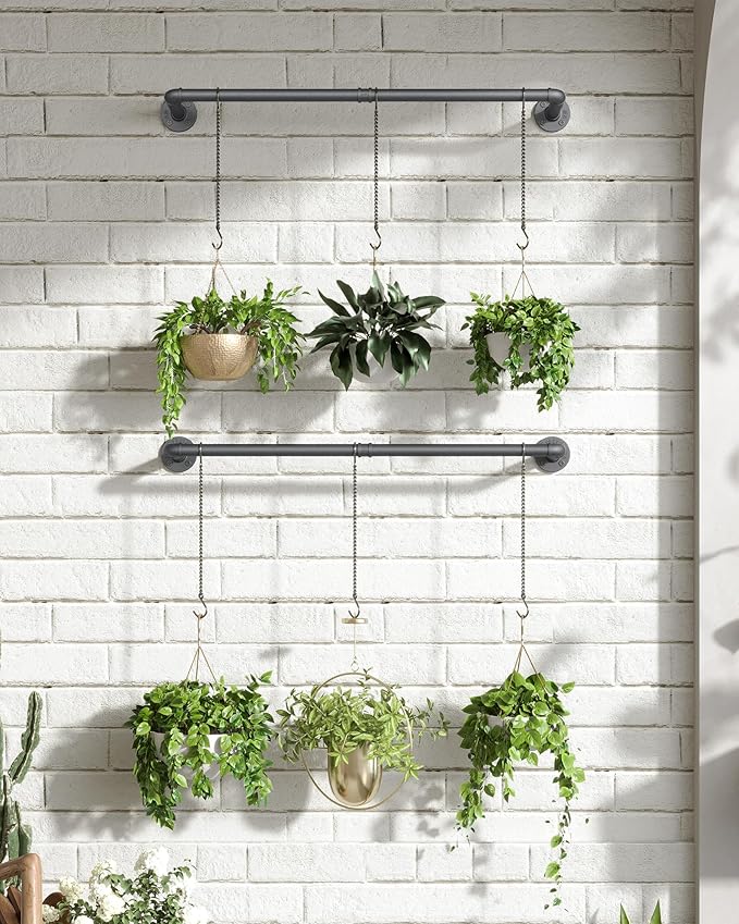 Plant Haning Rod, 2 Pack Hanging Planters for Indoor Plants with 3 Chains, Wall Plant Hanging Bar for Window Celling, 38.2 Inch, Metal Black, Pots Not Included