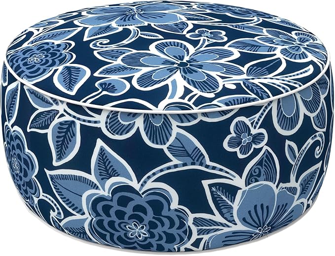LVTXIII Indoor/Outdoor Inflatable Ottoman with Handle D21 x H9 Inch, Weather-Resistant Round Footstool Pouf for Patio Camping Living Room, Portable Footrest Extra Seating, Flower Navy