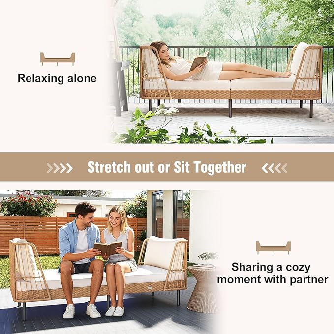 Tangkula Patio Rattan Daybed, Boho Outdoor Wicker Lounge Sofa with Seat & Back Cushions, 2-Seat Bench Sun Lounger Chair with Robust Metal Legs for Deck, Backyard, Porch, Poolside (1, Off White)
