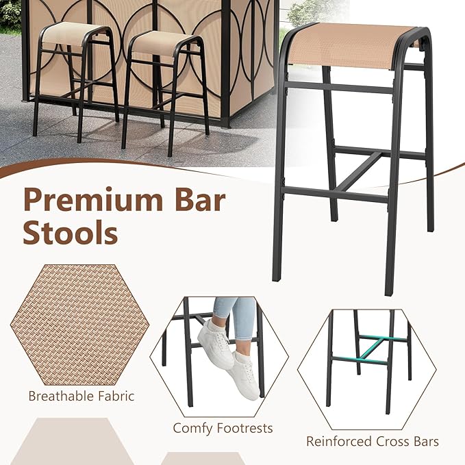 Tangkula 3-Piece Patio Bar Set, Grill Gazebo & 2 Bar Stools with Tempered Glass Bar Table, Metal Storage Shelves, Glass Holders, Double-Tier Soft Top Canopy BBQ Gazebo Shelter for Patio Garden (Brown)