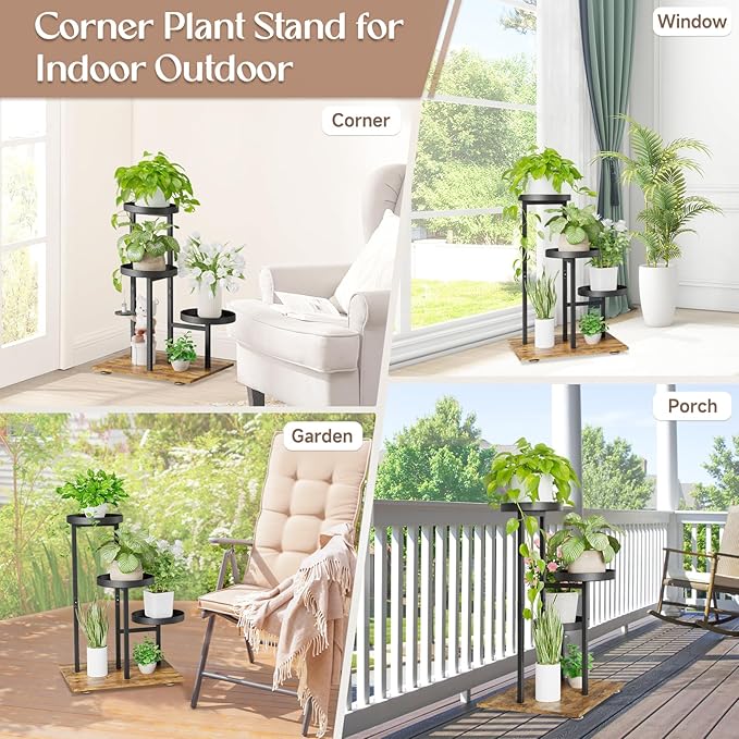 iDavosic.ly 3 Tier Plant Stand Indoor, Tiered Corner Flower Holder Shelf Outdoor, Metal Tall Orchid Display Rack for Patio Porch Garden Balcony Office Living Room, Modern Black & Rustic Brown