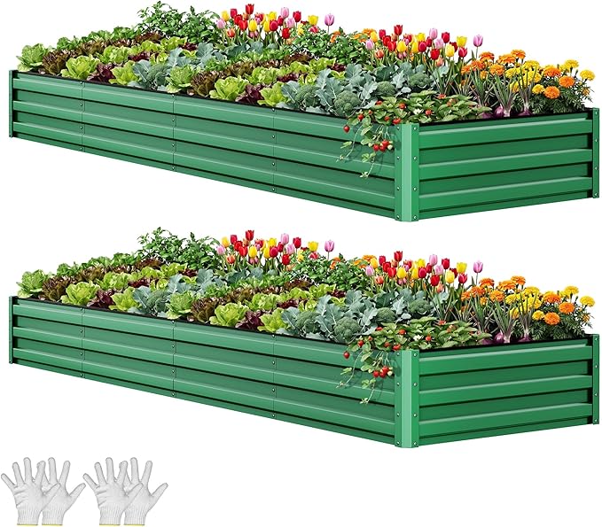YITAHOME 12x4x1ft 2pcs Large Raised Garden Bed Kit, Galvanized Metal Planter Box with Gloves, Ground Nails, Support Rod, Outdoor Above Ground Planters for Plants Vegetables Flowers, Green