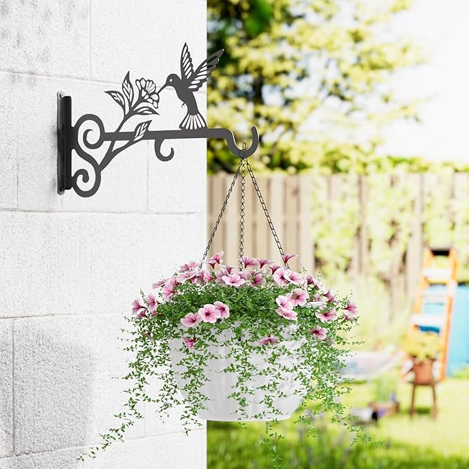 4-Pack Aesthetic Plant Hangers Outdoor – 10 Inch Metal Hanging Plant Bracket with Beautiful Hummingbird Pattern – Anti Rust Plant Hooks for Hanging Plants, Bird Feeder, Windchime, Lantern