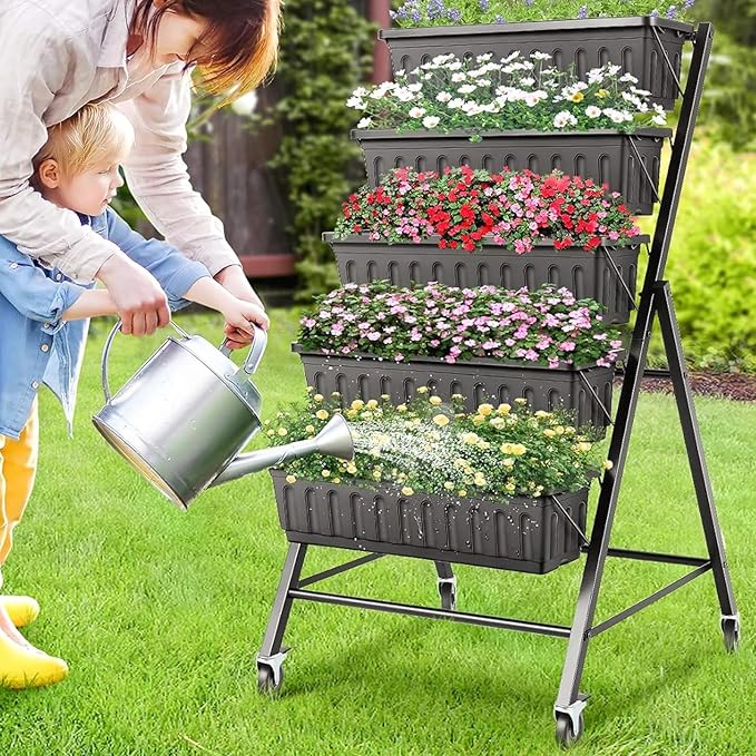 Suyncll Vertical Raised Garden Bed Planter Box, 5 Tiers Vertical Garden Planter with Drainage System and 4 Hooks for Plants Vegetables Flowers (Black with Wheels)