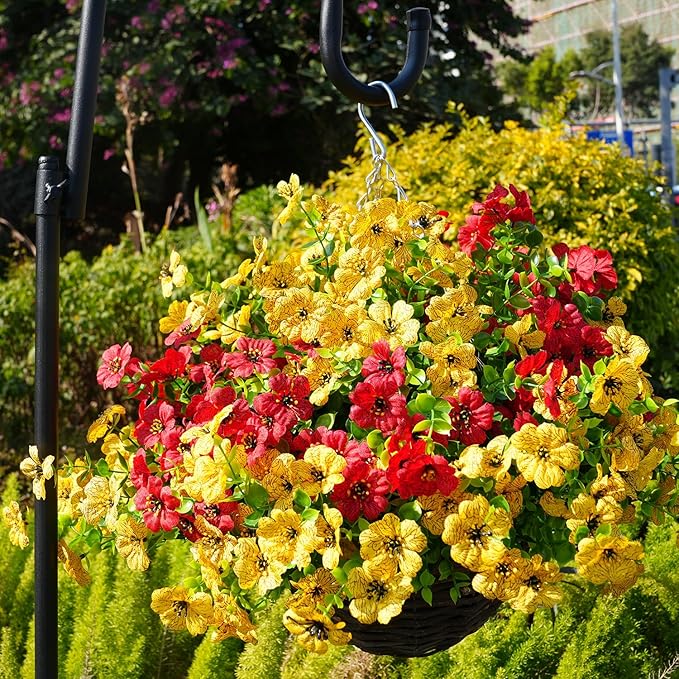 Artificial Flowers for Outdoor, UV Resistant Fake Silk Flowers, Realistic Faux Plants for Outside Indoor Porch Patio Window Box Planter Home Decor (14, Yellow Purple Rosy Red)
