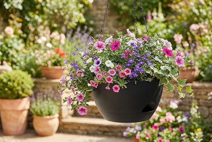 Hanging Planters 3-Pack, 8 Inch Self-Watering Hanging Pots with Drainage Hole and Chains, Plastic Planters for Indoor Outdoor（Black）
