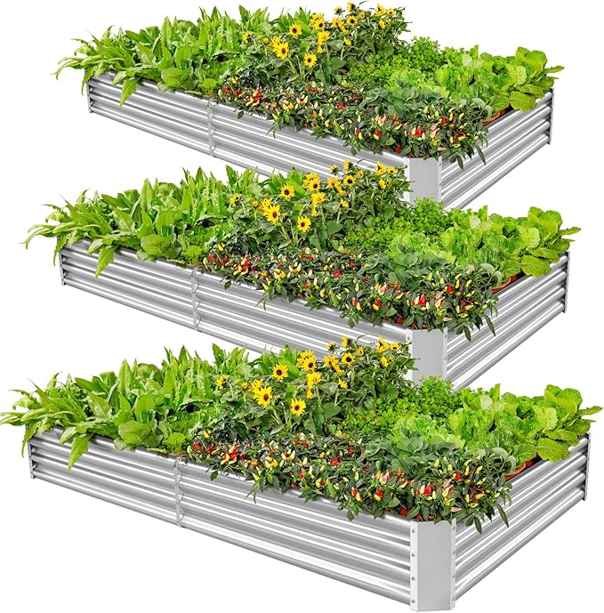 Land Guard 3 Pack 6×3×1ft Galvanized Metal Raised Garden Bed, Metal Planter Kit Box Outdoor for Deep-Rooted Vegetables, Flowers, Green and Herbs, Silver