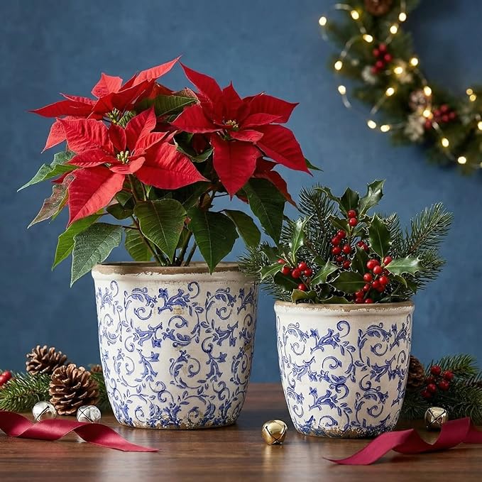 Vintage Ceramic Planter with Drainage Hole, Plastic Tray & Mesh, 5.5 Inch - Indoor/Outdoor Flower Pot, Blue Floral Rustic Farmhouse Design Plant pot for Home, Office & Garden Décor, Ideal Gift