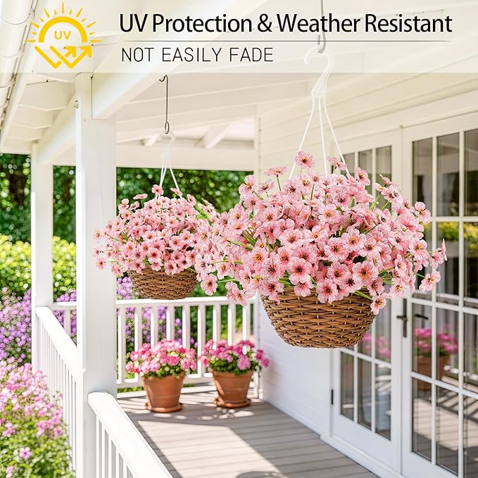 MACTING 12 Bundles Artificial Flowers for Outdoors Fake Flowers UV Resistant Faux Plastic Plants No Fade for Hanging Planters Window Patio Porch Garden Home Indoor Outdoor Spring Decorations,Pink