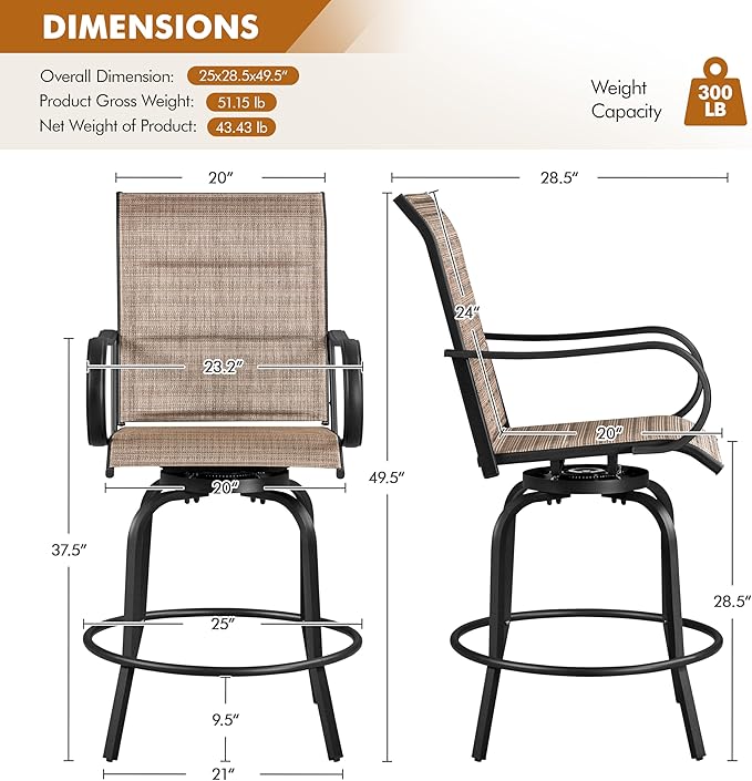 Yaheetech 6 Piece Patio Swivel Bar Stools Texteline Bistro Chairs with High Back/Armrest/Footrest, All Weather Padded Seating Outdoor Furniture Height Outdoor Chairs for Outside, Lawn & Garden