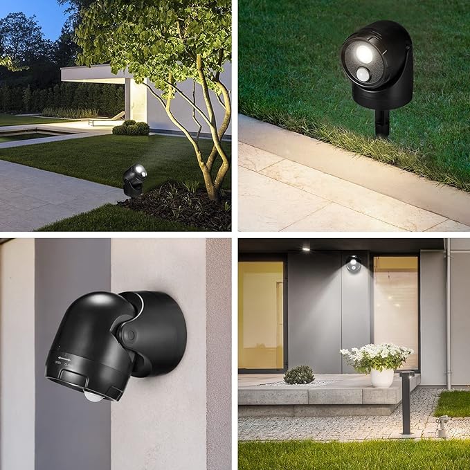 Large 2-in-1 LED Motion Sensor Outdoor Spotlight, IP44 Waterproof 450 Lumen Battery Operated Landscape Light, Adjustable Wall Light for Yard, Garden, House, 2 Pack (Black)