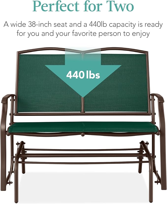 Best Choice Products 2-Person Outdoor Patio Swing Glider Steel Bench Loveseat Rocker for Deck, Porch w/Textilene Fabric, Steel Frame - Forest Green/Brown