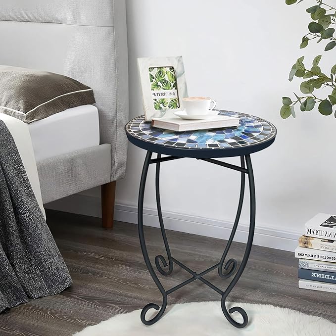 LIFFY Outdoor Side Table,12" Round Ceramic Tile Tabletop Accent Table with Metal Frame, Indoor Small Decorative Plant Stand & End Table for Home, Patio, Garden