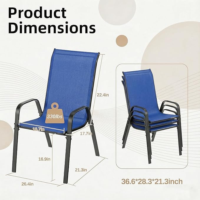 MAMIZO Patio Dining Chairs, Stackable All Weather Teslin Chair, Heavy Duty Outdoor Breathable Chairs Set, w/Armrests, Upgraded Chair FeetW/Strenthened Iron Spacers, 330 LBS (6, Navy Blue)