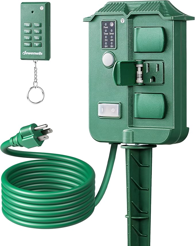 DEWENWILS Outdoor Power Stake Timer Waterproof, 6 Grounded Outlets, 6FT Extension Cord, 100FT Wireless Remote Control, Photocell Dusk to Dawn Timer for Lights, Yard, Garden, UL Listed