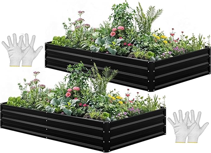 YITAHOME 96x48x12 in 2pcs Galvanized Raised Garden Bed Kit, Large Metal Planter Box with Gloves, Safety Rubber & Support Rod, Outdoor Flower Bed for Plants Vegetables, Black