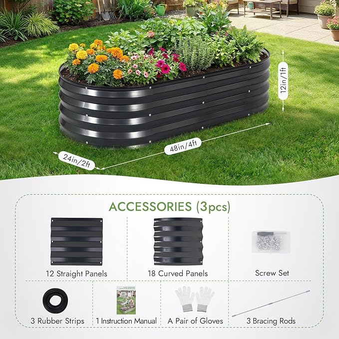 INNO STAGE 3Pcs Galvanized Raised Garden Bed Kit, Outdoor Metal Raised Garden Beds for Vegetables, Rust-Resistant & Easy Assembly, 4x2x1ft Oval Raised beds for Gardening, Flowers, Herbs (CoatedGrey)