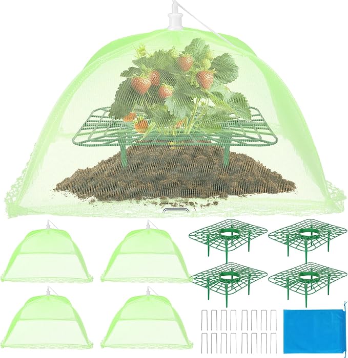 4 Sets Strawberry Plant Support with Mesh Cover - Square Gardening Frame, Animal Barrier, Iron Stakes & Storage Bag for Healthy Strawberries, Tomatoes, Veggies (Green) (4 pcs)