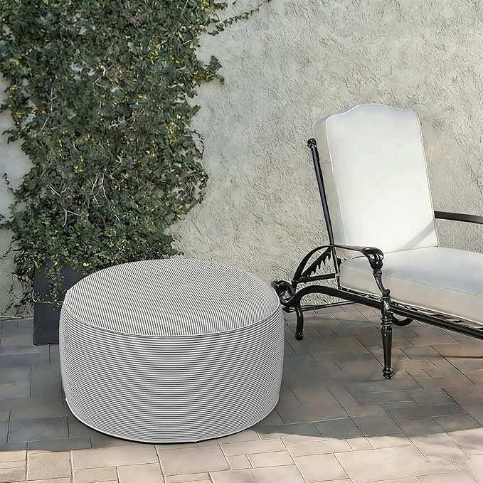 LVTXIII Indoor/Outdoor Extra Large Inflatable Ottoman Pouf D31 x H14 Inch, Round Footstool with Handle, Weather-Resistant Portable Furniture for Patio, Camping, Beach, Strip Grey