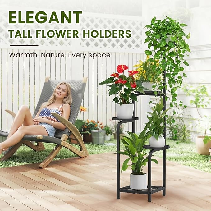 TOSKING 5 Tier Tall Plant Stand Indoor Outdoor, Heavy Duty Corner Shelf for Plants & Decor, Space Saving 3.9FT Metal Flower Pot Stand for Balcony, Garden, Living Room, Patio (Black, 47in)