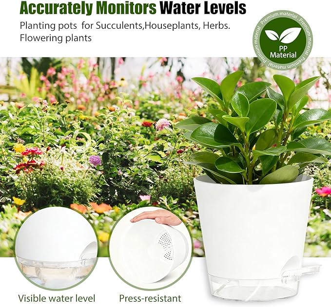 Plant Pots 6 Inch Self Watering Pots,6 Pack Plastic Planters with Drainage Holes and Clear Saucers,Plastic Flower Pots,Nursery Planting Pot for Indoor Out Door Plants (White)