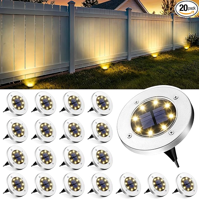 GIGALUMI Solar Ground Lights - No-Drill Fence Lighting Solution, Waterproof Perimeter Lights Compatible with Wood, Metal & Concrete Fences (20 Pack Warm White)