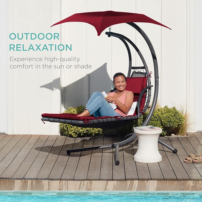 Best Choice Products Outdoor Hanging Curved Steel Chaise Lounge Chair Swing w/Built-in Pillow and Removable Canopy - Burgundy