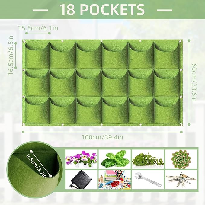 LITLANDSTAR 18 Pockets Hanging Grow Bags, 2 Pack Horizontal Wall Planter Plant Grow Bags Outdoor Indoor Hanging Planter for Balcony/Railing/Fence/Yard/Garden/Home Decoration, Green