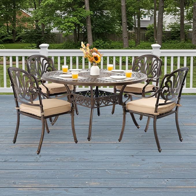 5-Piece Cast Aluminum Patio Furniture, Outdoor Dining Sets for 4 Include 54" Round Patio Dining Table and 4 Stackable Chairs with Cushions & Umbrella Hole (Bronze)