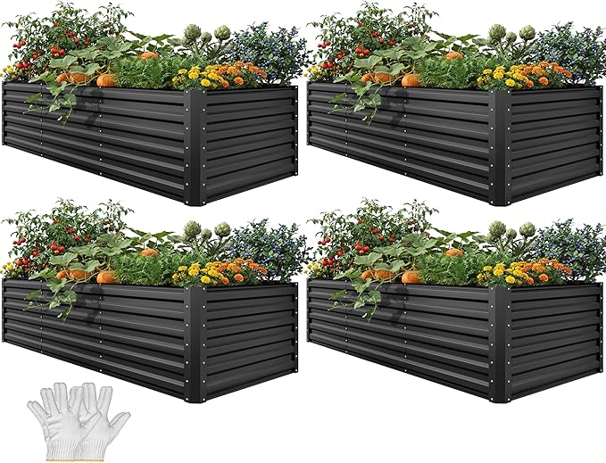 YITAHOME 8x4x2 ft 4pcs Galvanized Raised Garden Bed Kit, Large Metal Planter Box with Gloves, Safety Rubber & Support Rod, Outdoor Flower Bed for Plants Vegetables, Black