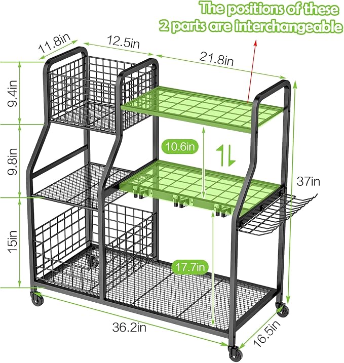 keomaisyto Garden Tool Organizer with Heavy Duty Wheels for Garage - with 2 Baskets, Large Yard Tool Organizer and Storage Holder, Utility Garden Tool Rack for/Shed/Garage/Yard/Basement/Lawn