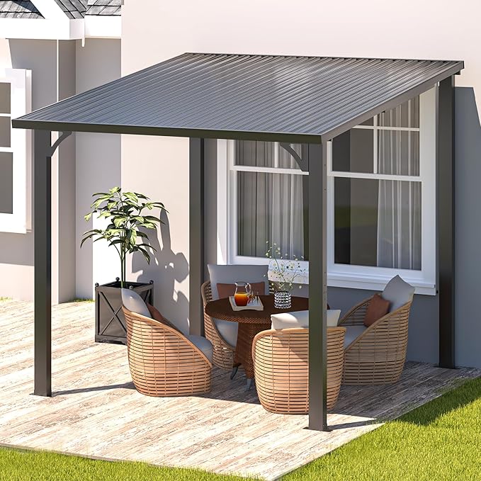 AECOJOY 8x8 Hardtop Gazebo Outdoor Pergola, Small Heavy Duty Lean to Metal Pergolas and Gazebos Clearance, Wall-Mounted Grill Gazebo Galvanized Steel Patio Roof Awnings for Patio, Decks