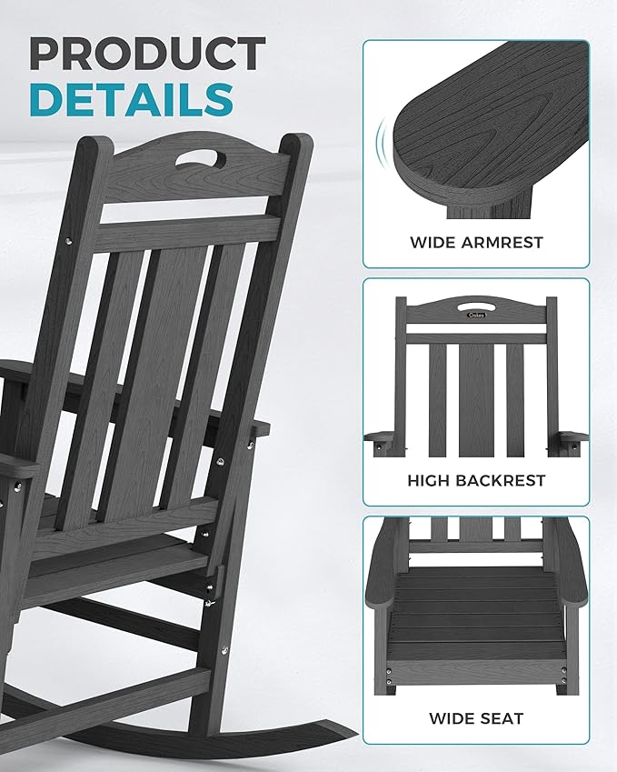 Ciokea Oversized Outdoor Rocking Chairs Set of 2, 380lbs Heavy-Duty Large Patio Rocker, High Back Cozy Porch Chairs, Weather Resistant Patio Rocking Chairs for Outside, Fire Pit, Deck, Dark Grey