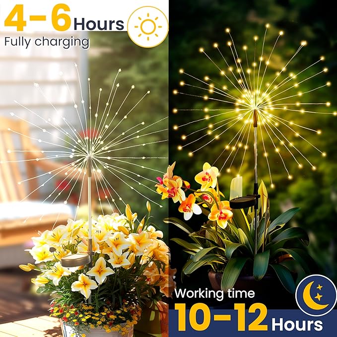 GIGALUMI Garden Decor Outdoor Lights 120LED 8Pack, Solar Garden Lights for Christmas Outside Fairy Firework Decorative,Solar Powered for Yard Pathway Flowerbed Planter Balcony Patio Decor (Warm White